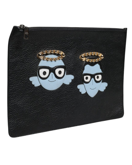Dolce & Gabbana Black Leather #DGFAMILY Embellished Men Zip Pouch Bag