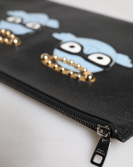 Dolce & Gabbana Black Leather #DGFAMILY Embellished Men Zip Pouch Bag
