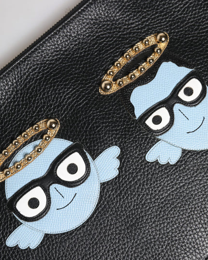 Dolce & Gabbana Black Leather #DGFAMILY Embellished Men Zip Pouch Bag