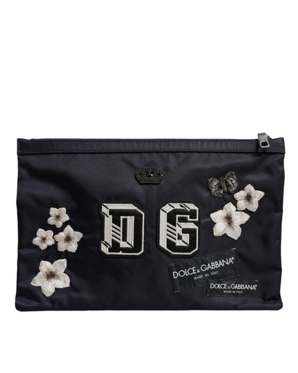Dolce & Gabbana Blue DG Logo Patch Embellished Pouch Clutch Bag