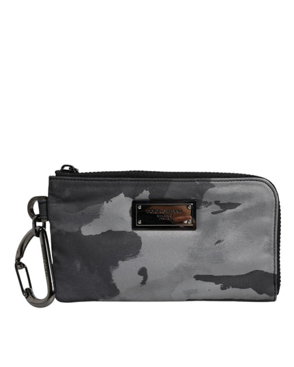 Dolce & Gabbana Black Gray Camouflage Logo Plaque Keyring Pouch Bag