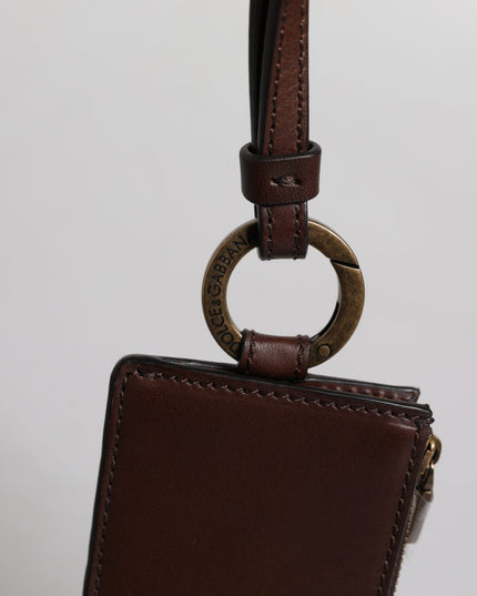 Dolce & Gabbana Brown Calf Leather Lanyard Logo Card Holder Wallet