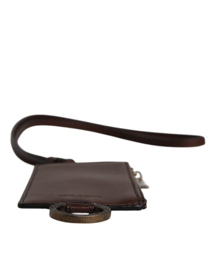 Dolce & Gabbana Brown Calf Leather Lanyard Logo Card Holder Wallet