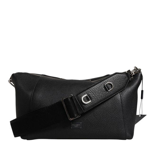 Dolce & Gabbana Black Leather Logo Plaque Shoulder Crossbody Bag