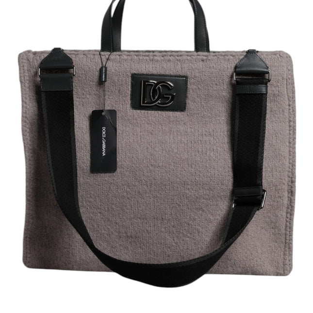 Dolce & Gabbana Grey Alpaca Wool Logo Plaque Tote Shoulder Bag