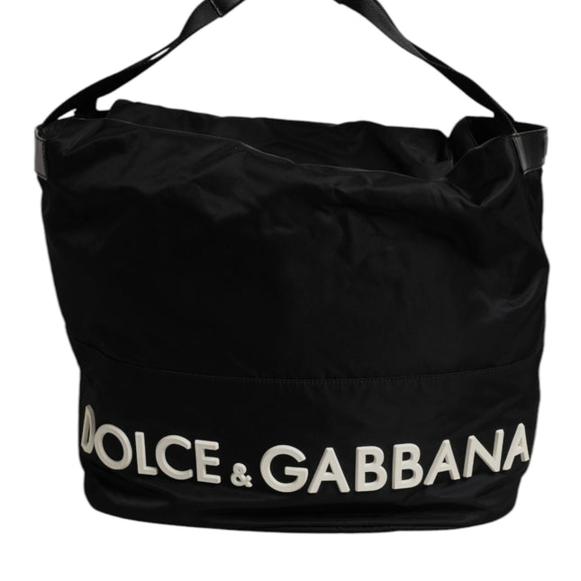 Dolce & Gabbana Black Nylon White Iconic Logo Shoulder Bucket Bag