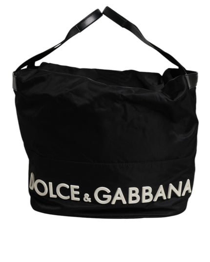 Dolce & Gabbana Black Nylon White Iconic Logo Shoulder Bucket Bag
