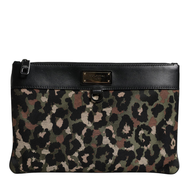 Dolce & Gabbana Multicolor Leopard Jacquard Print Logo Plaque Pouch Bag