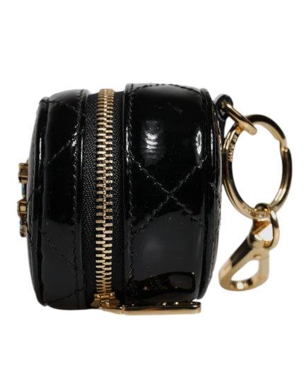 Dolce & Gabbana Black Lamb Leather DG Crystal Round Coin Purse Wallet