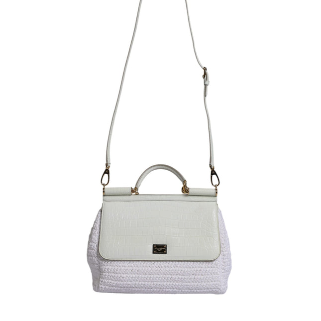 Dolce & Gabbana White Rafia Leather Top Handle Crossbody Bag
