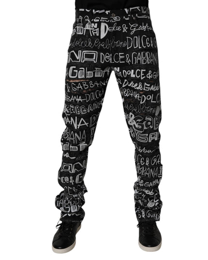 Dolce & Gabbana Black Cotton Logo Print Straight Denim Jeans