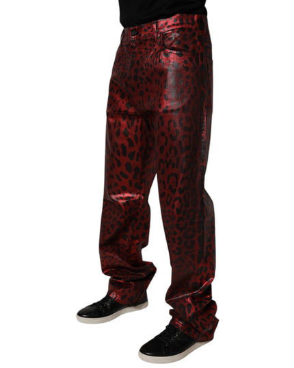 Dolce & Gabbana Red Leopard Cotton Straight Men Denim Jeans