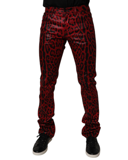 Dolce & Gabbana Red Leopard Cotton Slim Fit Denim Jeans