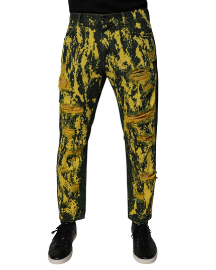 Dolce & Gabbana Black Yellow Tie Dye Tattered Skinny Men Denim Jeans