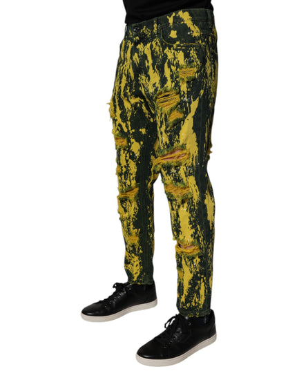 Dolce & Gabbana Black Yellow Tie Dye Tattered Skinny Men Denim Jeans
