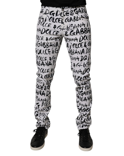 Dolce & Gabbana White Cotton Logo Print Skinny Denim Jeans