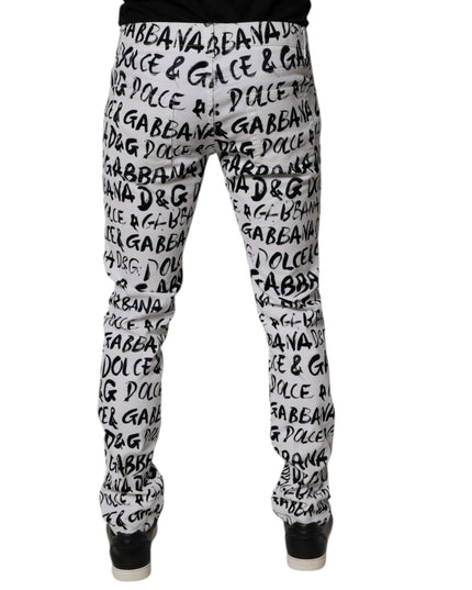Dolce & Gabbana White Cotton Logo Print Skinny Denim Jeans