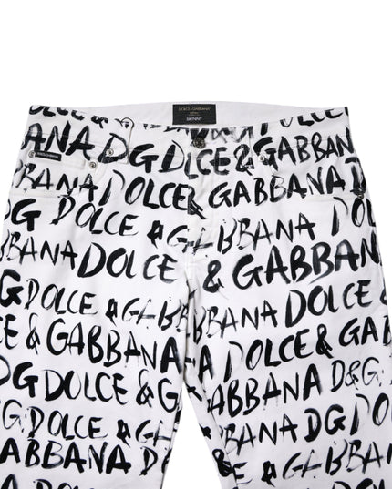Dolce & Gabbana White Cotton Logo Print Skinny Denim Jeans