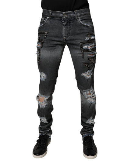 Dolce & Gabbana Dark Gray Tattered Cotton Skinny Denim Jeans