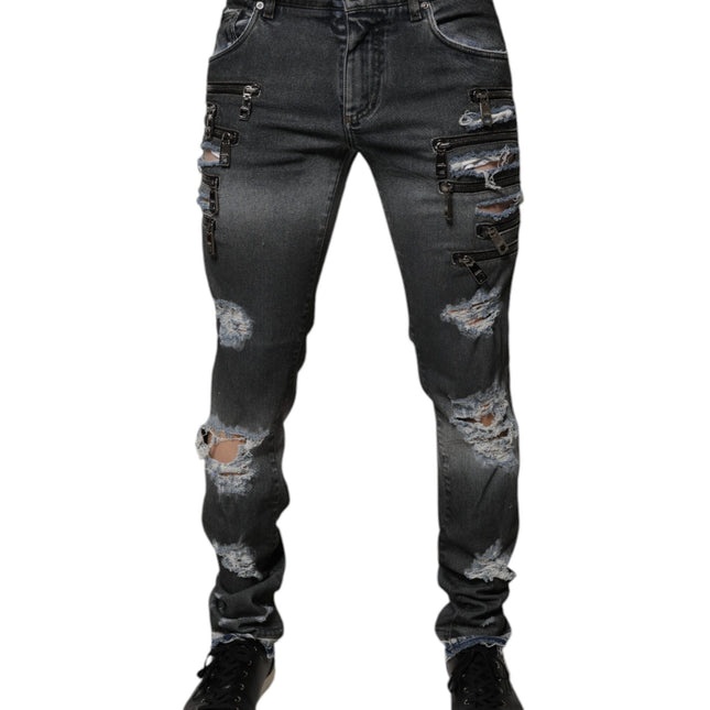 Dolce & Gabbana Dark Gray Tattered Cotton Skinny Denim Jeans