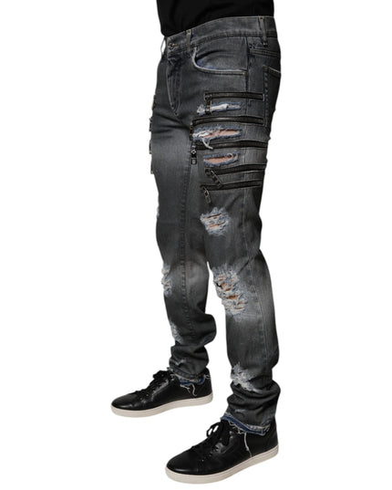 Dolce & Gabbana Dark Gray Tattered Cotton Skinny Denim Jeans