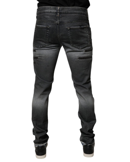 Dolce & Gabbana Dark Gray Tattered Cotton Skinny Denim Jeans
