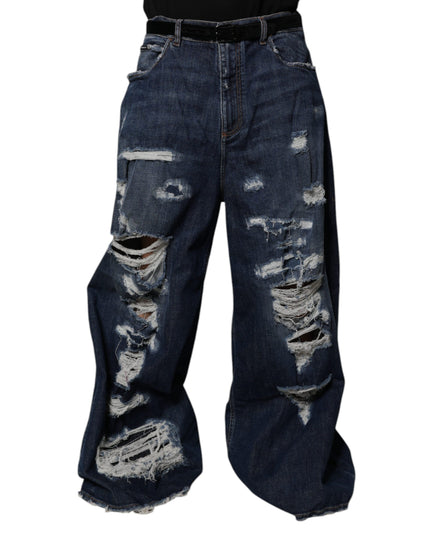 Dolce & Gabbana Dark Blue Tattered Wide Leg Men Denim Jeans