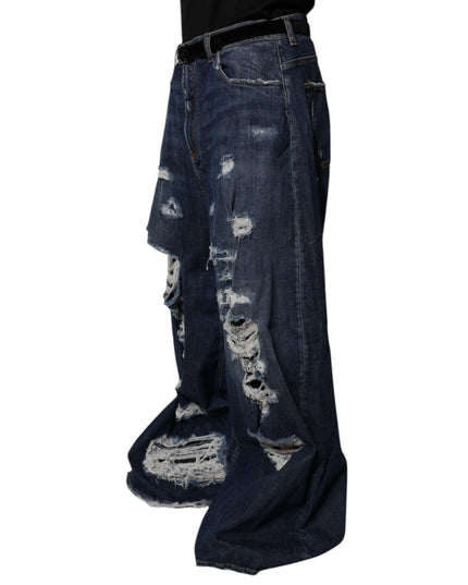 Dolce & Gabbana Dark Blue Tattered Wide Leg Men Denim Jeans