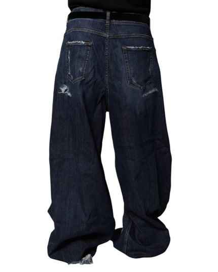 Dolce & Gabbana Dark Blue Tattered Wide Leg Men Denim Jeans