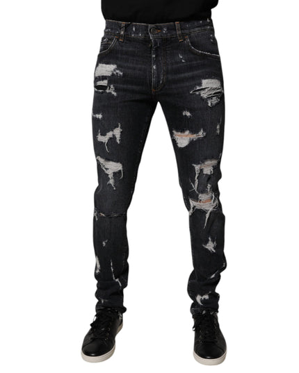 Dolce & Gabbana Black Tattered Cotton Skinny Men Denim Jeans