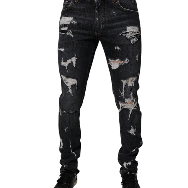 Dolce & Gabbana Black Tattered Cotton Skinny Men Denim Jeans