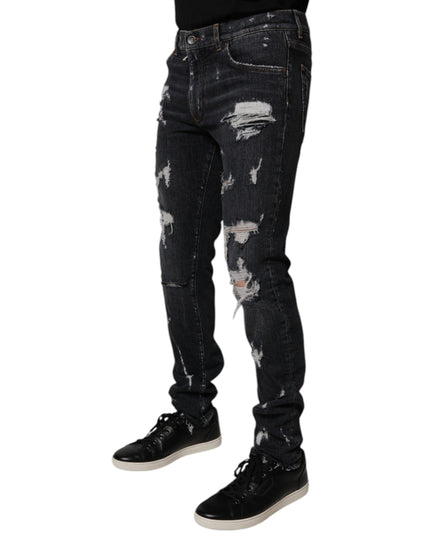 Dolce & Gabbana Black Tattered Cotton Skinny Men Denim Jeans
