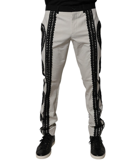 Dolce & Gabbana White Lace Trim Mid Waist Dress Formal Pants