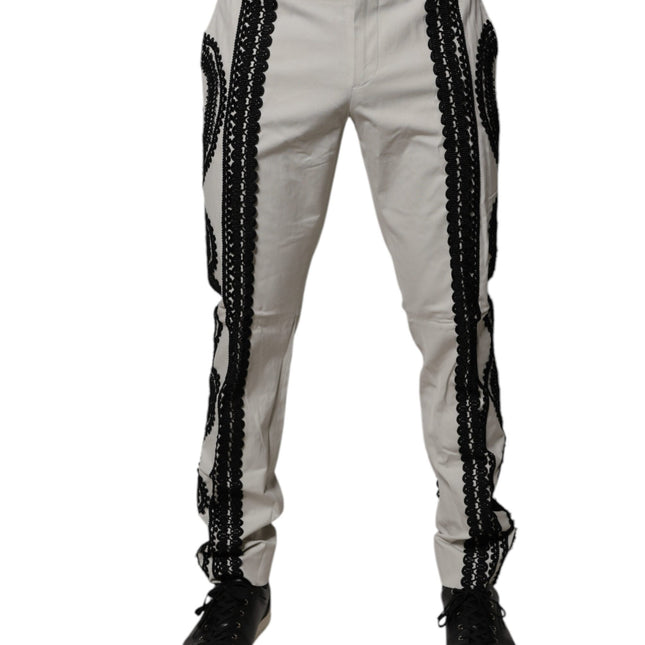 Dolce & Gabbana White Lace Trim Mid Waist Dress Formal Pants