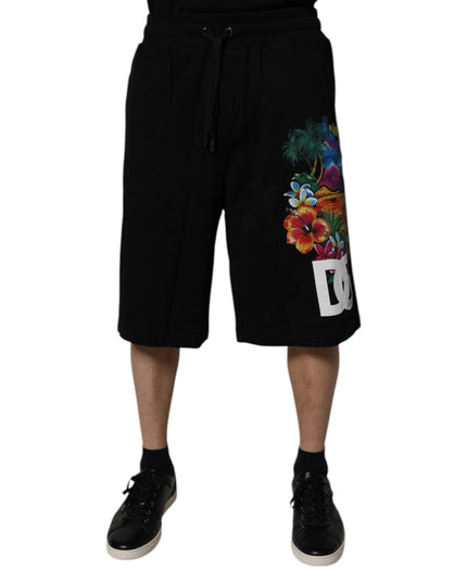 Dolce & Gabbana Black Cotton Logo Floral Print Bermuda Shorts