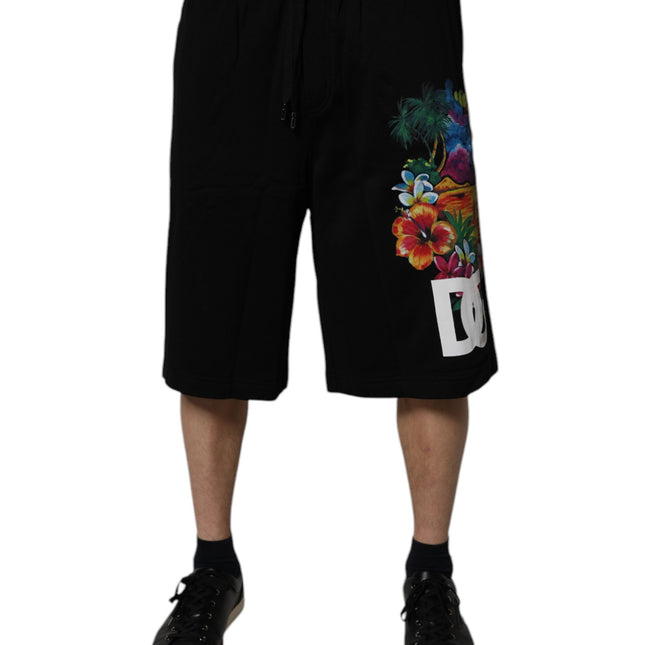 Dolce & Gabbana Black Cotton Logo Floral Print Bermuda Shorts