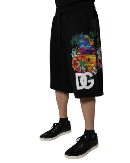 Dolce & Gabbana Black Cotton Logo Floral Print Bermuda Shorts