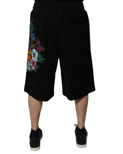 Dolce & Gabbana Black Cotton Logo Floral Print Bermuda Shorts