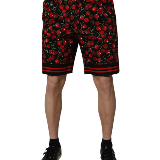 Dolce & Gabbana Black Red Cherry Print Bermuda Cotton Shorts