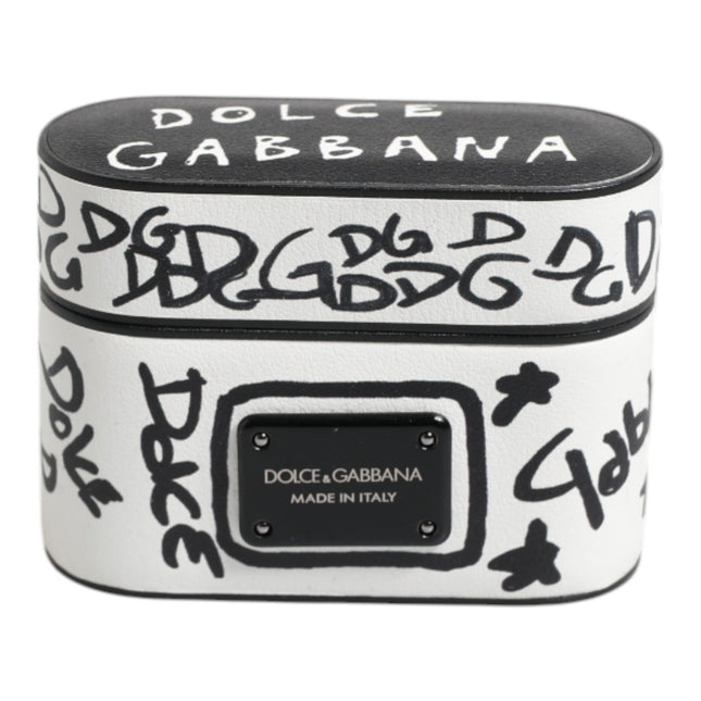 Dolce & Gabbana Black White Leather Scribble Embossed Logo Airpods Case