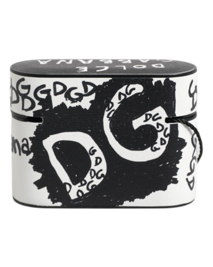 Dolce & Gabbana Black White Leather Scribble Embossed Logo Airpods Case