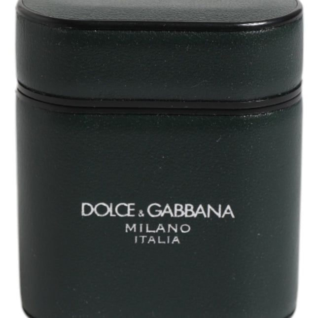 Dolce & Gabbana Green Calfskin Leather Logo Print Flip Holder Airpods Case
