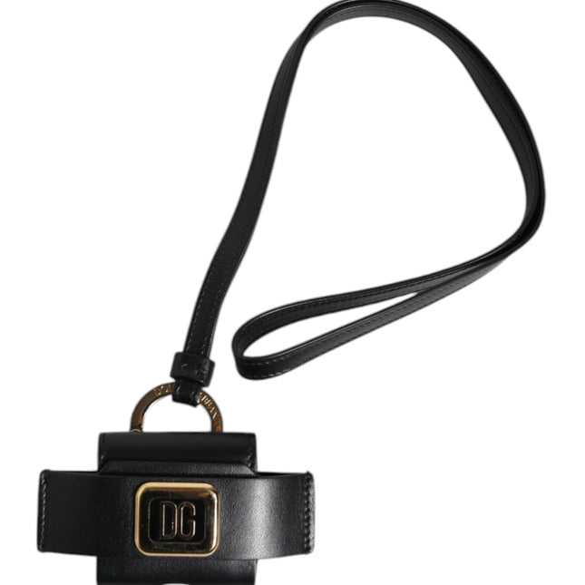 Dolce & Gabbana Black Leather Strap Gold Metal Logo Plaque Airpods Case