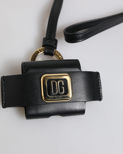 Dolce & Gabbana Black Leather Strap Gold Metal Logo Plaque Airpods Case