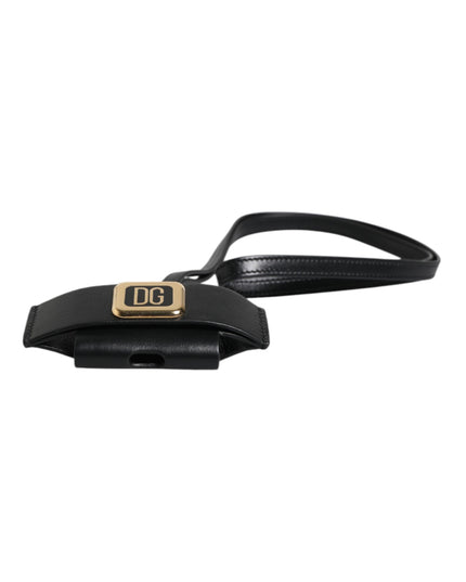 Dolce & Gabbana Black Leather Strap Gold Metal Logo Plaque Airpods Case