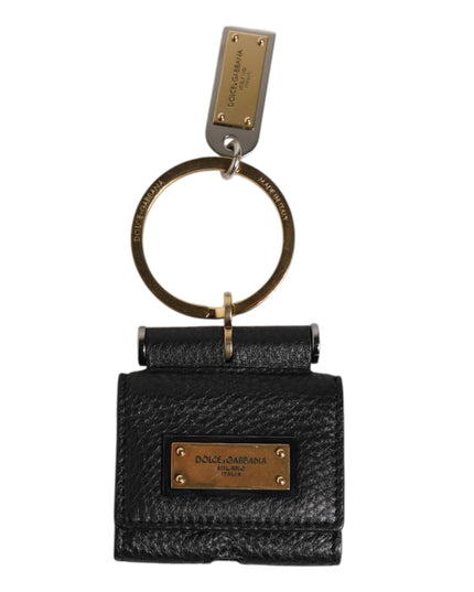 Dolce & Gabbana Black Leather Strap Gold Metal Logo Plaque Airpods Case
