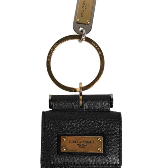 Dolce & Gabbana Black Leather Strap Gold Metal Logo Plaque Airpods Case