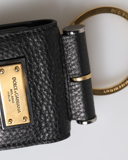 Dolce & Gabbana Black Leather Strap Gold Metal Logo Plaque Airpods Case