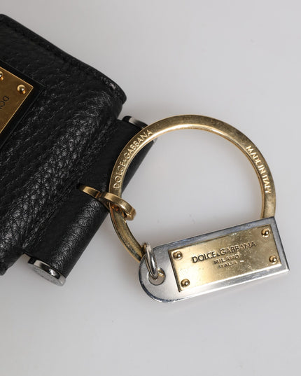 Dolce & Gabbana Black Leather Strap Gold Metal Logo Plaque Airpods Case