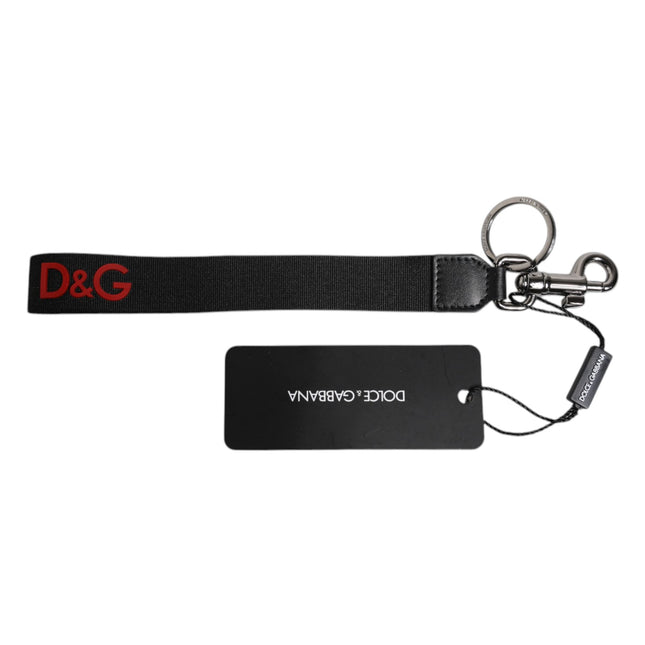 Dolce & Gabbana Black Logo Nylon Silver Brass Men Holder Keychain Keyring